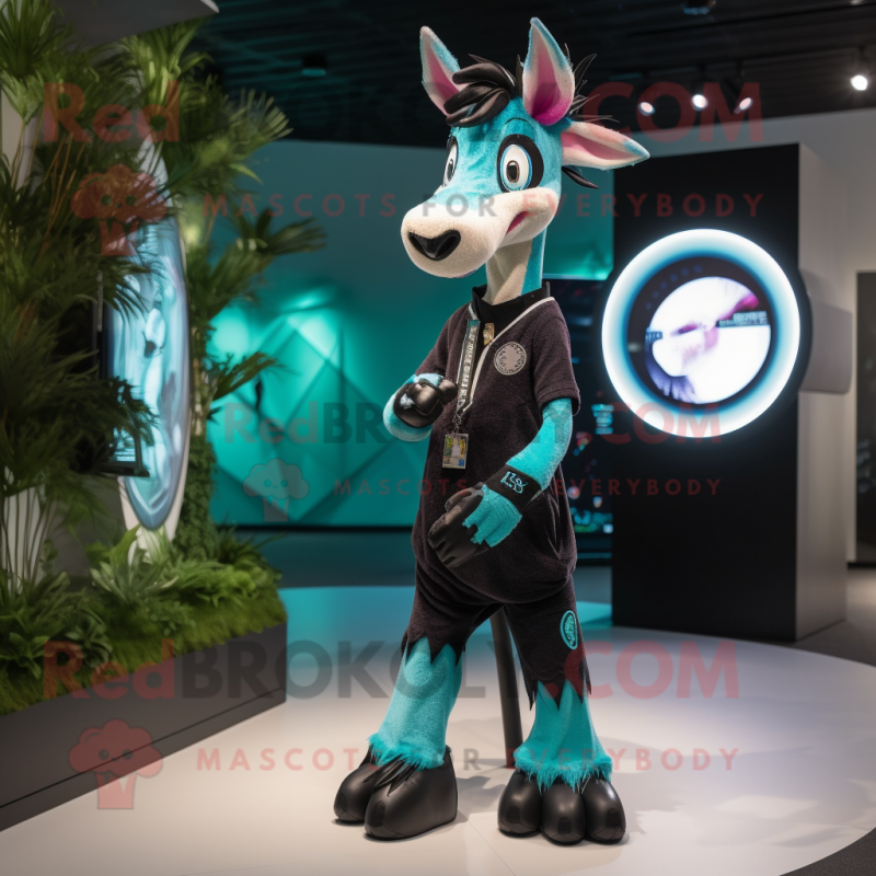 Turquoise Okapi mascot costume character dressed with a Joggers and Digital watches Turquoise Okapi mascot costume character dressed with a Joggers and Digital watches