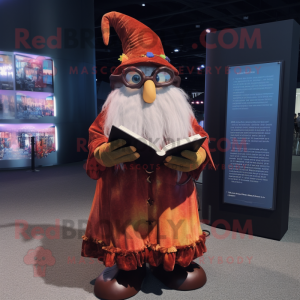 Rust Wizard mascot costume character dressed with a A-Line Skirt and Reading glasses