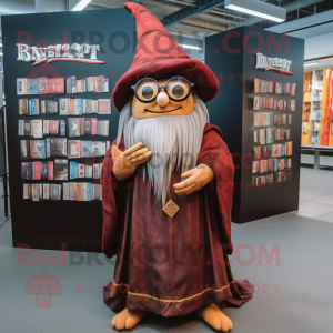 Rust Wizard mascot costume character dressed with a A-Line Skirt and Reading glasses