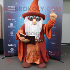 Rust Wizard mascot costume character dressed with a A-Line Skirt and Reading glasses