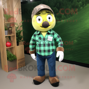 Forest Green Juggle mascot costume character dressed with a Flannel Shirt and Messenger bags