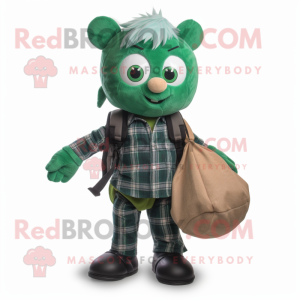 Forest Green Juggle mascot costume character dressed with a Flannel Shirt and Messenger bags
