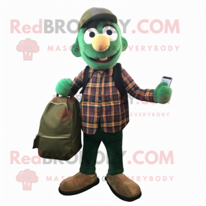 Forest Green Juggle mascot costume character dressed with a Flannel Shirt and Messenger bags