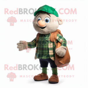 Forest Green Juggle mascot costume character dressed with a Flannel Shirt and Messenger bags