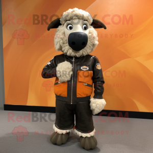 Peach Suffolk Sheep mascot costume character dressed with a Moto Jacket and Shoe laces