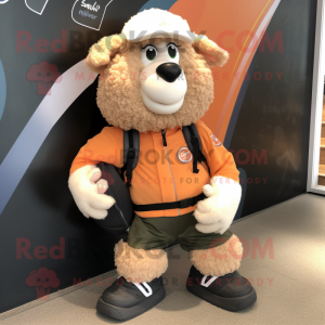 Peach Suffolk Sheep mascot costume character dressed with a Moto Jacket and Shoe laces