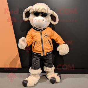 Peach Suffolk Sheep mascot costume character dressed with a Moto Jacket and Shoe laces