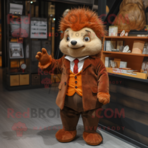 Rust Hedgehog mascot costume character dressed with a Coat and Pocket squares