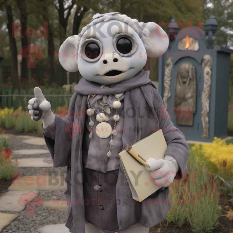 Gray Graveyard mascot costume character dressed with a Coat and Necklaces