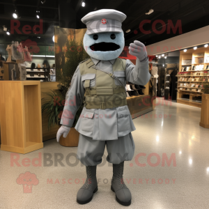 Gray Army Soldier mascot costume character dressed with a A-Line Dress and Belts