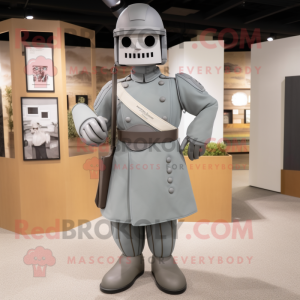 Gray Army Soldier mascot costume character dressed with a A-Line Dress and Belts