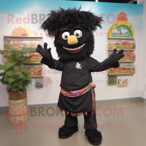 Black Fajitas mascot costume character dressed with a Bermuda Shorts and Hair clips