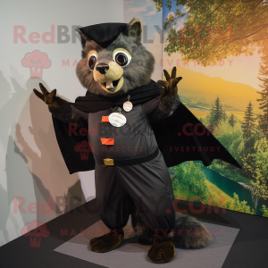 Black Flying Squirrel mascot costume character dressed with a Culottes and Tie pins
