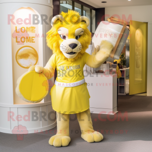 Lemon Yellow Tamer Lion mascot costume character dressed with a Pencil Skirt and Cummerbunds