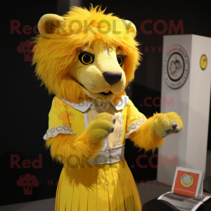 Lemon Yellow Tamer Lion mascot costume character dressed with a Pencil Skirt and Cummerbunds