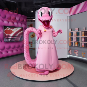 Pink Snake mascot costume character dressed with a Circle Skirt and Lapel pins