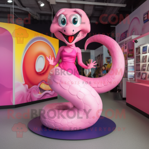 Pink Snake mascot costume character dressed with a Circle Skirt and Lapel pins
