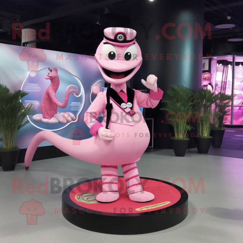 Pink Snake mascot costume character dressed with a Circle Skirt and Lapel pins