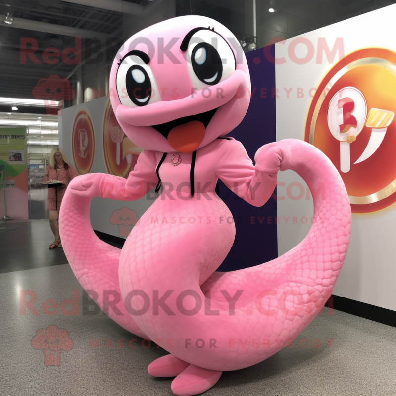 Pink Snake mascot costume character dressed with a Circle Skirt and Lapel pins