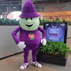 Lavender Beet mascot costume character dressed with a Jumpsuit and Digital watches