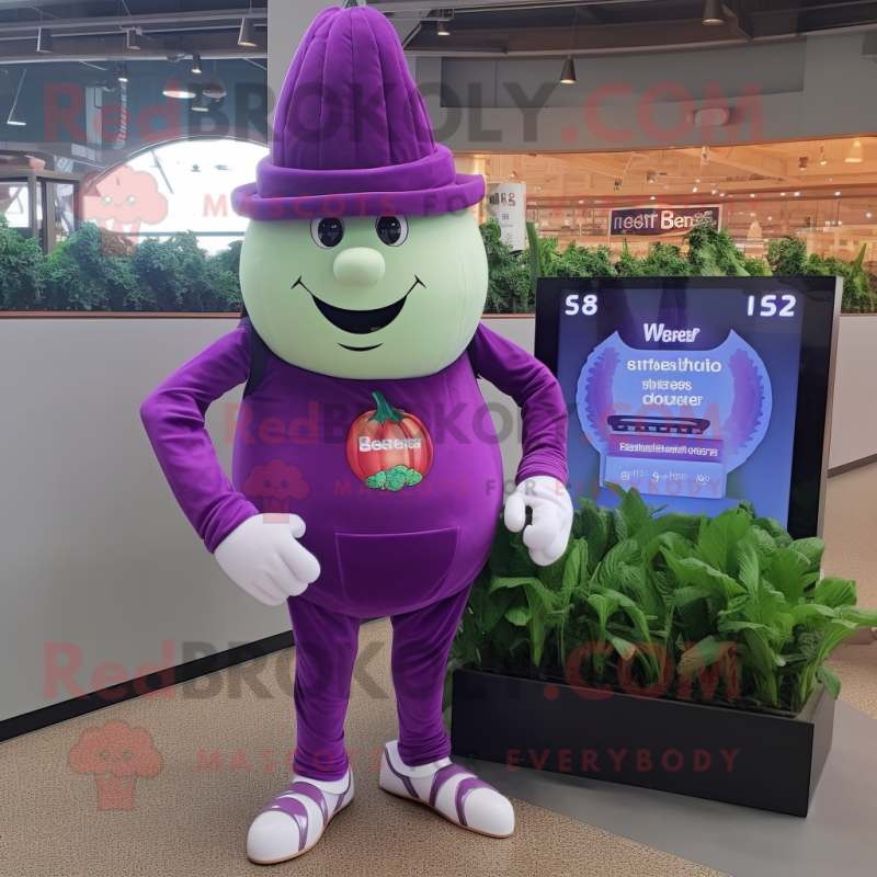 Lavender Beet mascot costume character dressed with a Jumpsuit and Digital watches Lavender Beet mascot costume character dressed with a Jumpsuit and Digital watches