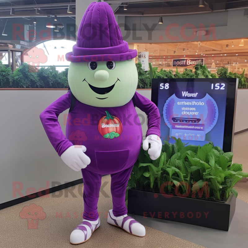 Lavender Beet mascot costume character dressed with a Jumpsuit and Digital watches