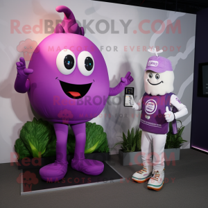 Lavender Beet mascot costume character dressed with a Jumpsuit and Digital watches