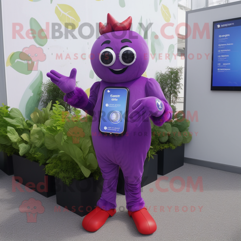 Lavender Beet mascot costume character dressed with a Jumpsuit and Digital watches