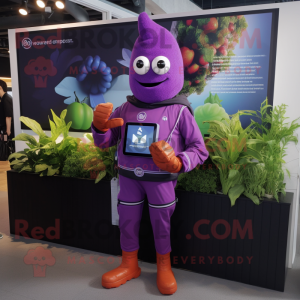 Lavender Beet mascot costume character dressed with a Jumpsuit and Digital watches