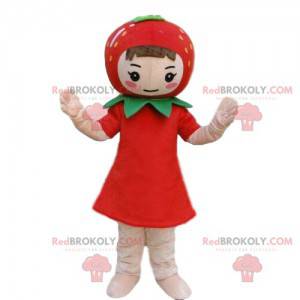 Mascota de niña con una fresa en la cabeza, disfraz de fresa -