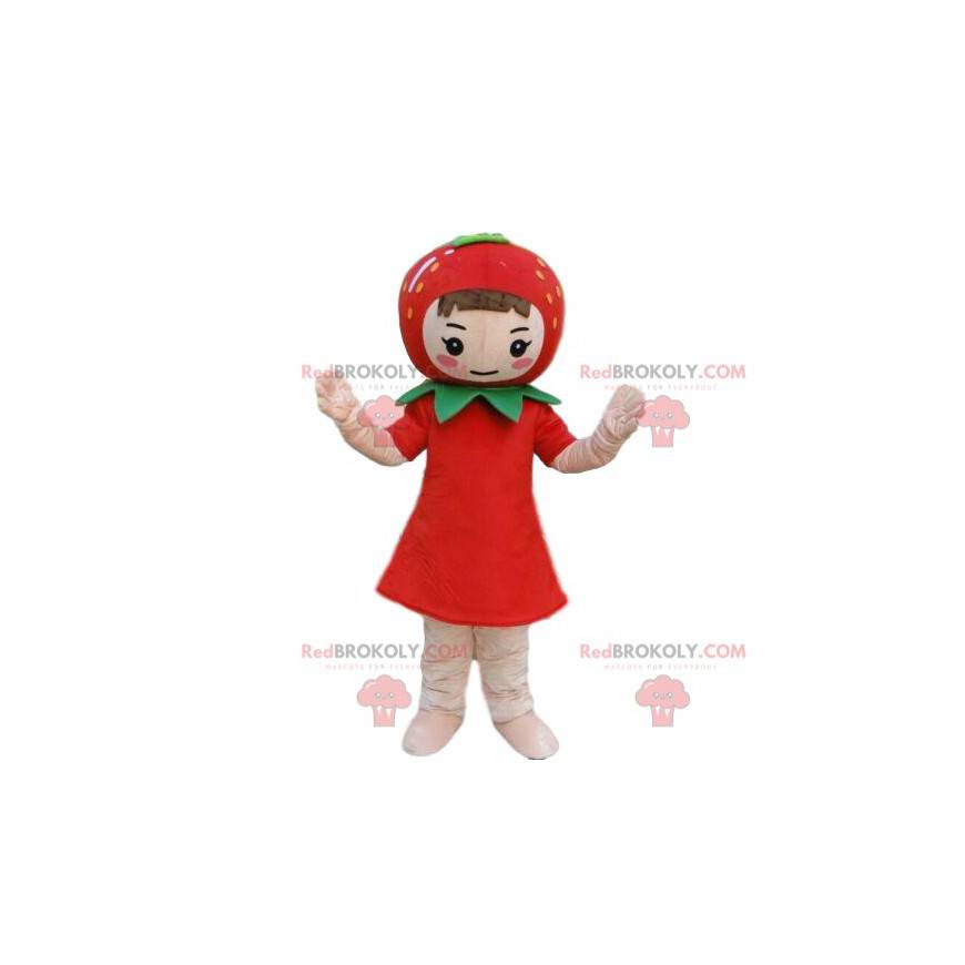 Mascotte de fille avec une fraise sur la tête, costume de Mascotte de fille avec une fraise sur la tête, costume de