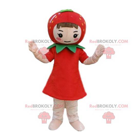 Pige maskot med en jordbær på hovedet, jordbær kostume -