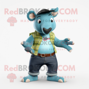 Teal Tapir mascot costume character dressed with a Jeans and Belts