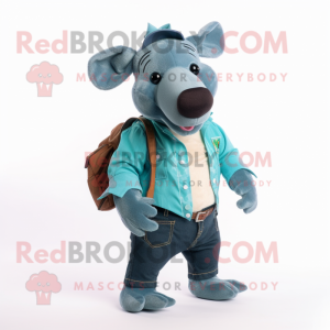 Teal Tapir mascot costume character dressed with a Jeans and Belts