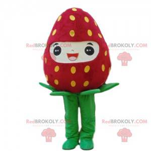 Mascota de fresa gigante y sonriente, disfraz de frutos rojos -