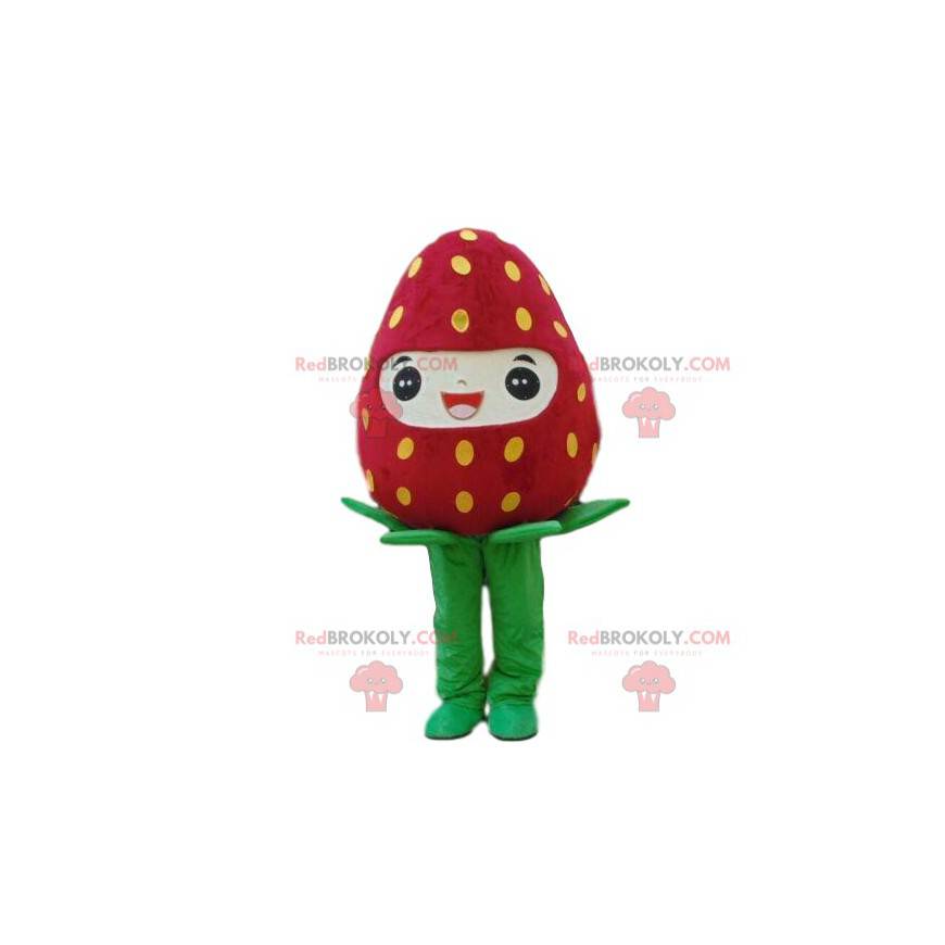 Obří a usměvavý jahodový maskot, kostým z červeného ovoce -