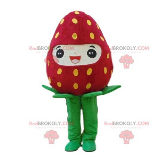 Mascotte fragola gigante e sorridente, costume di frutta rossa