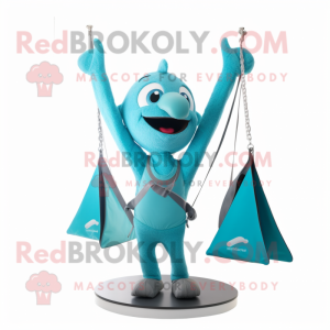 Turquoise Trapeze Artist mascot costume character dressed with a V-Neck Tee and Messenger bags