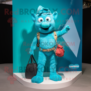 Turquoise Trapeze Artist mascot costume character dressed with a V-Neck Tee and Messenger bags