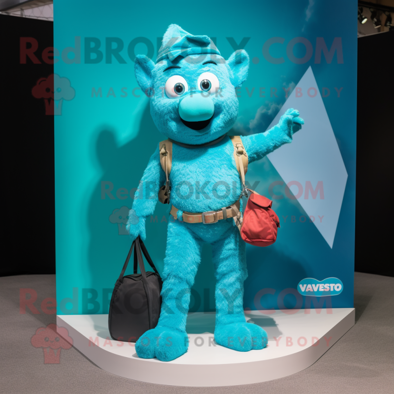 Turquoise Trapeze Artist mascot costume character dressed with a V-Neck Tee and Messenger bags Turquoise Trapeze Artist mascot costume character dressed with a V-Neck Tee and Messenger bags