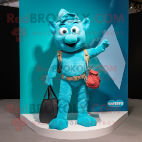 Turquoise Trapeze Artist mascot costume character dressed with a V-Neck Tee and Messenger bags