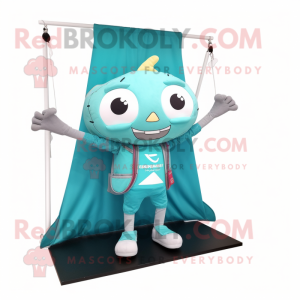 Turquoise Trapeze Artist mascot costume character dressed with a V-Neck Tee and Messenger bags