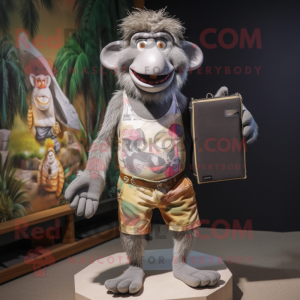 Gray Baboon mascot costume character dressed with a Board Shorts and Clutch bags