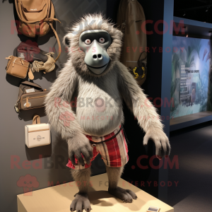 Gray Baboon mascot costume character dressed with a Board Shorts and Clutch bags