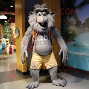 Gray Baboon mascot costume character dressed with a Board Shorts and Clutch bags
