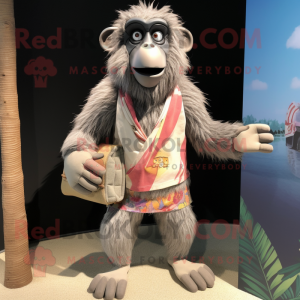 Gray Baboon mascot costume character dressed with a Board Shorts and Clutch bags