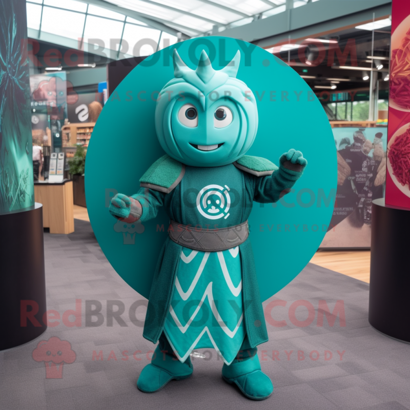 Teal Celtic Shield mascot costume character dressed with a Playsuit and Suspenders