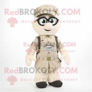 Cream Commando mascot costume character dressed with a Waistcoat and Eyeglasses