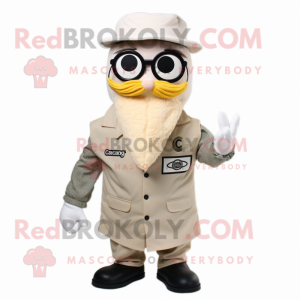 Cream Commando mascot costume character dressed with a Waistcoat and Eyeglasses