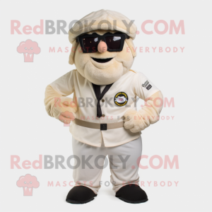 Cream Commando mascot costume character dressed with a Waistcoat and Eyeglasses